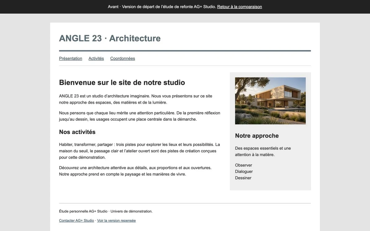 Version de départ de la démonstration : petite photographie, texte dense et contact peu visible