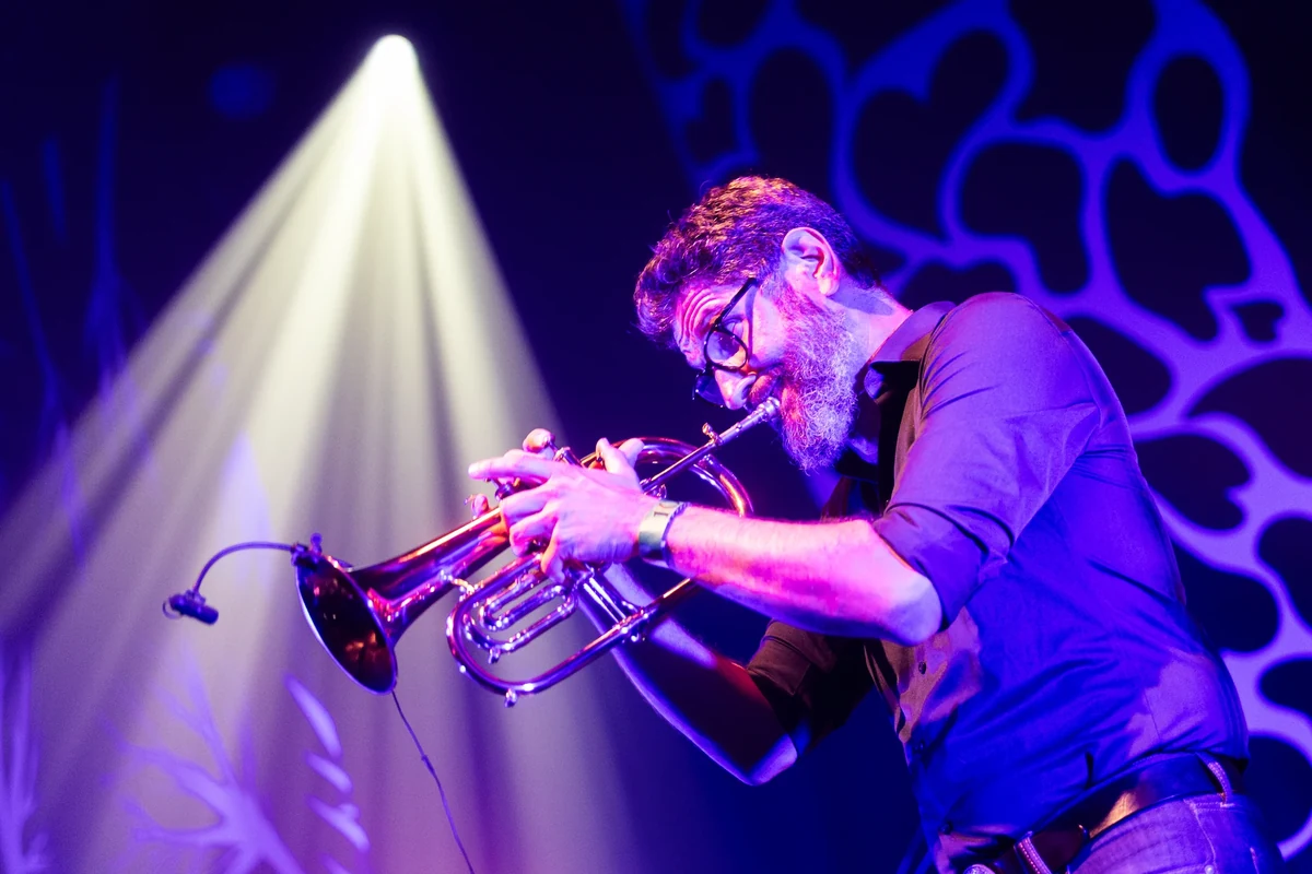 Un musicien de La Maison Tellier joue d’un cuivre sous des lumières violettes et un projecteur blanc.