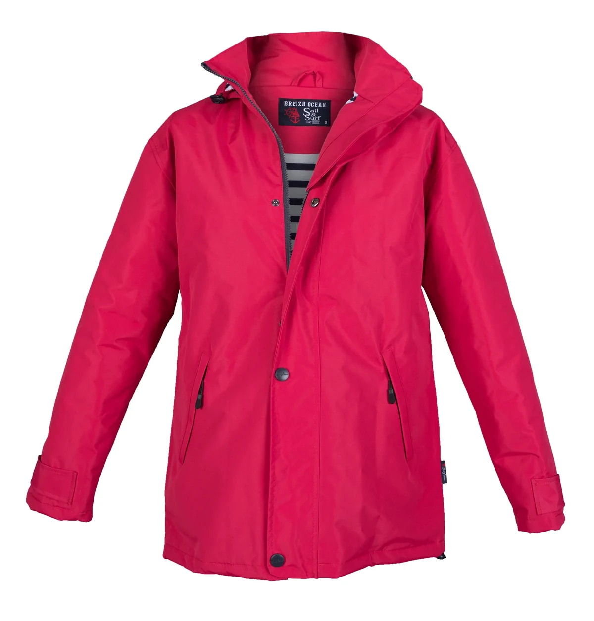 Manteau rouge à capuche présenté de face sur fond blanc.